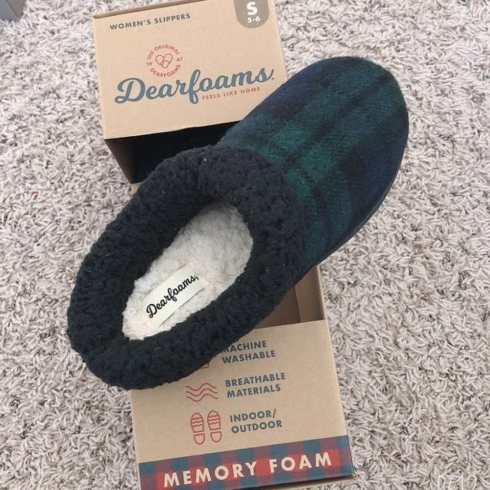 Dearfoams Plaid Clog Slippers Memory Foam SIZE Green & Navy NWT - Picture 3 of 8